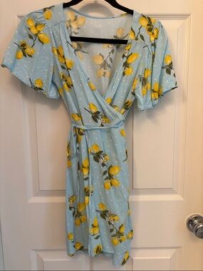 Light Blue Lemon Print Wrap Dress
